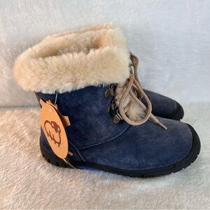 Lamo Kids Girls Ankle Boots Size 1 Blue Leather Faux Fur Lace Up